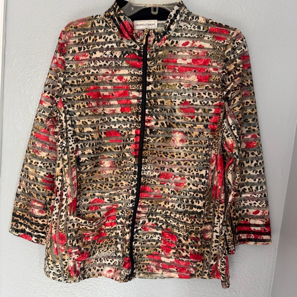 Draper's & Damon Mesh Zip Up Jacket Roses and Leopard Women's Large